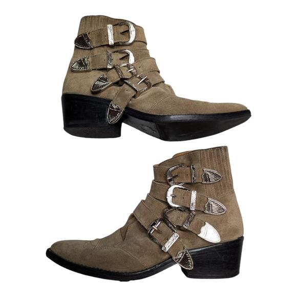 Toga Pulla Beige Suede Pointed Toe Western Four Buckle Ankle Boots 37 6.5 - Picture 1 of 7